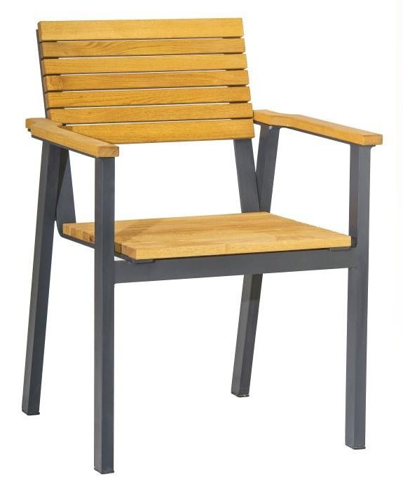Fotel na metalowej ramie z drewnianym oparciem i siedziskiem